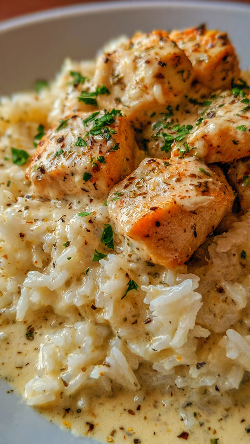 Kurczak w sosie śmietanowo-czosnkowym z ryżem