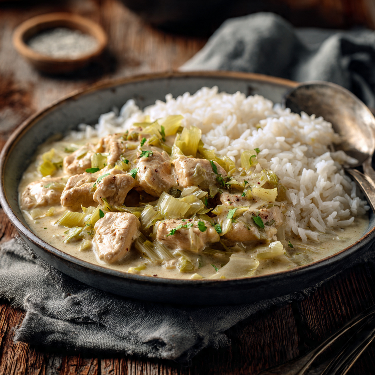 Romige Kip met Prei en Rijst