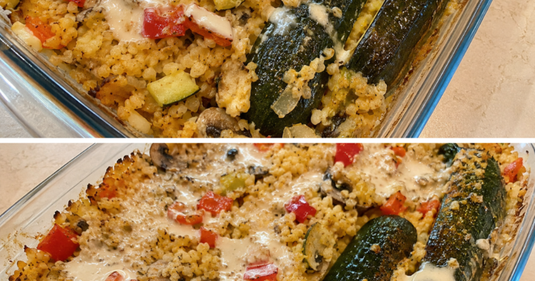 Zapiekanka bulgur z cukinią i sosem tahini