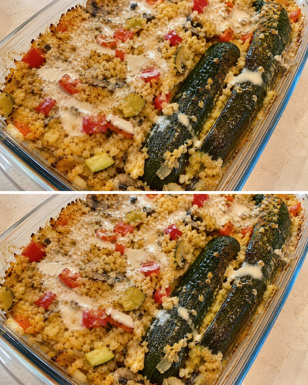 Zapiekanka bulgur z cukinią i sosem tahini