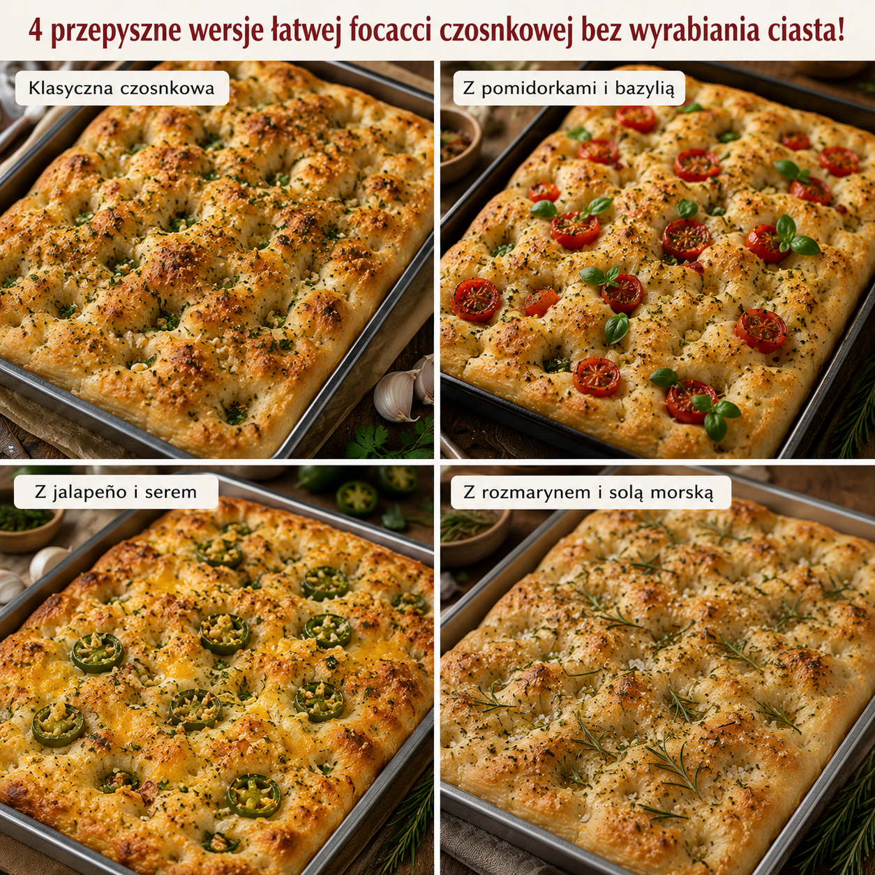 😍🧄🍞 4 Przepyszne Wersje Łatwej Focacci Czosnkowej Bez Wyrabiania Ciasta!