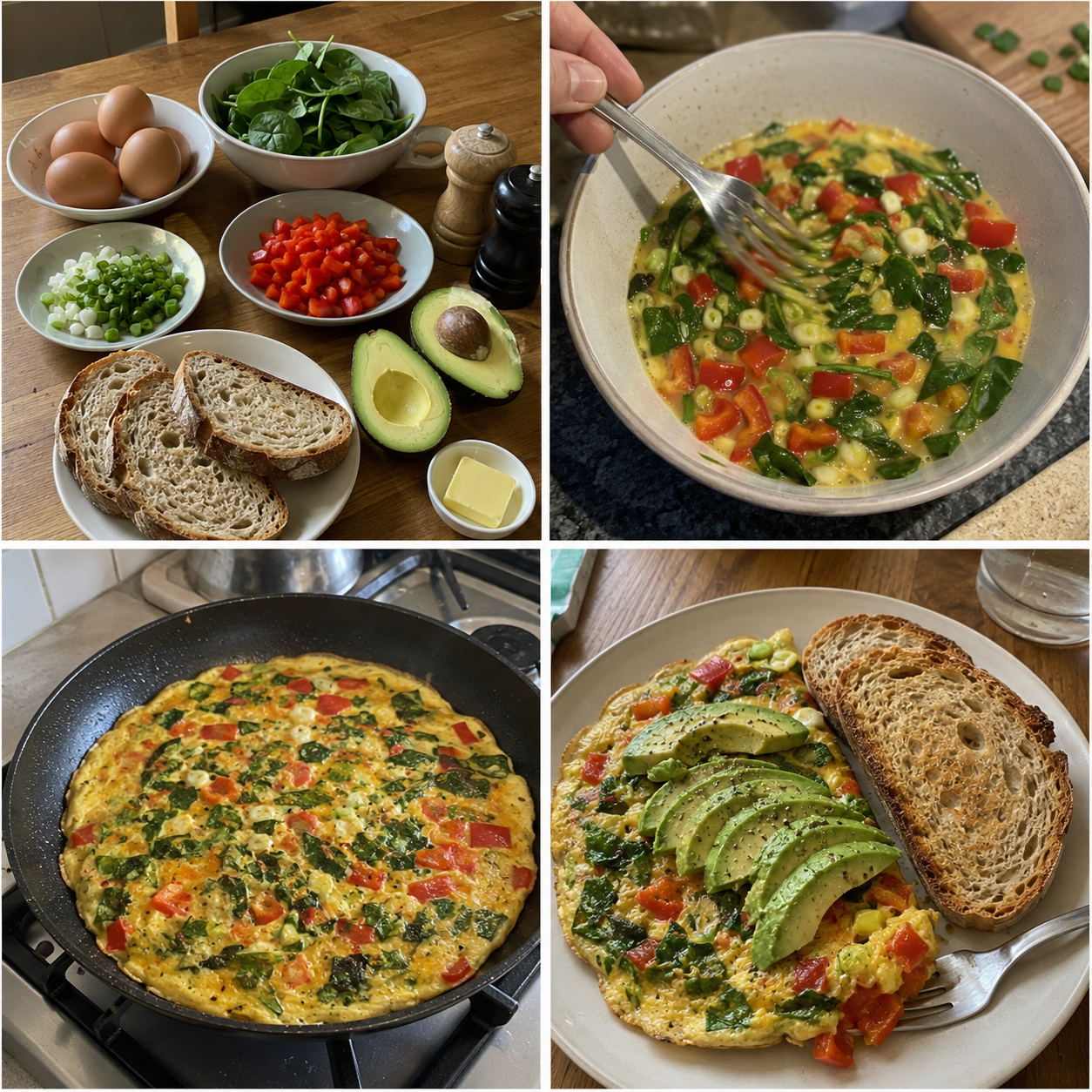 Omlet Warzywny z Awokado i Chlebem na Zakwasie – Pożywne Śniadanie Pełne Smaku